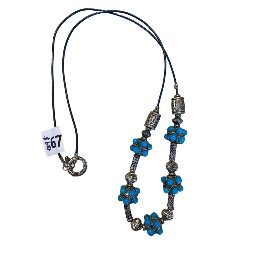 Handcrafted Turquoise & Silver Beaded Necklace With Toggle Clasp